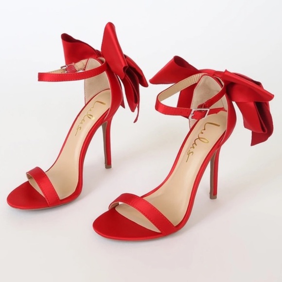 Lulus Shoes - Lulu's Ayanna Red Satin Bow Ankle Strap High Heel Sandals Pumps sz 7.5 NEW